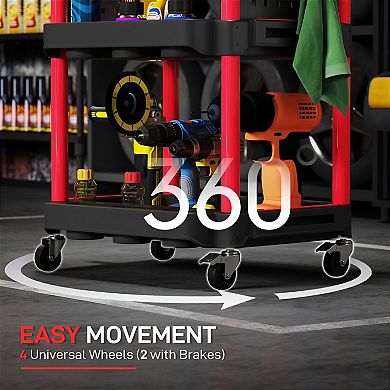 3 Tier Rolling Tool Cart with Wheels, Hooks and Side Storage Holes for Garage or Workshop