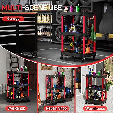3 Tier Rolling Tool Cart with Wheels, Hooks and Side Storage Holes for Garage or Workshop