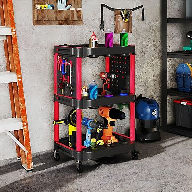 3 Tier Rolling Tool Cart with Wheels, Hooks and Side Storage Holes for Garage or Workshop