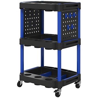 3 tier Rolling Tool Cart with Wheels, Hooks and Side Storage Holes for Garage or Workshop
