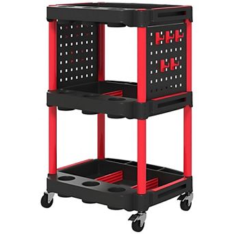 3 tier Rolling Tool Cart with Wheels, Hooks and Side Storage Holes for Garage or Workshop