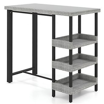 Patio Bar Height Table with Glass Top and 3 Storage Shelves, Rattan Outdoor Bar Table