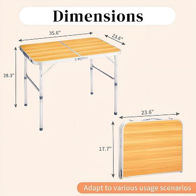 Collapsible Aluminum Folding Table with Wood Grain Top for Camping, Tailgates, Backyard Gatherings