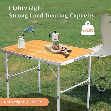 Collapsible Aluminum Folding Table with Wood Grain Top for Camping, Tailgates, Backyard Gatherings