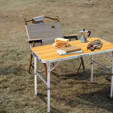Collapsible Aluminum Folding Table with Wood Grain Top for Camping, Tailgates, Backyard Gatherings