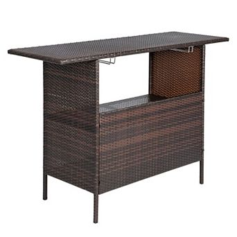 Rattan Bar Table with Metal Frame and Narrow Rectangular Top for Kitchen, Dining or Home Bar