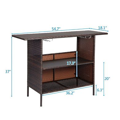 Rattan Bar Table with Metal Frame and Narrow Rectangular Top for Kitchen, Dining or Home Bar
