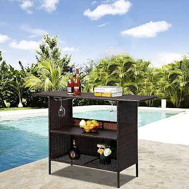 Rattan Bar Table with Metal Frame and Narrow Rectangular Top for Kitchen, Dining or Home Bar