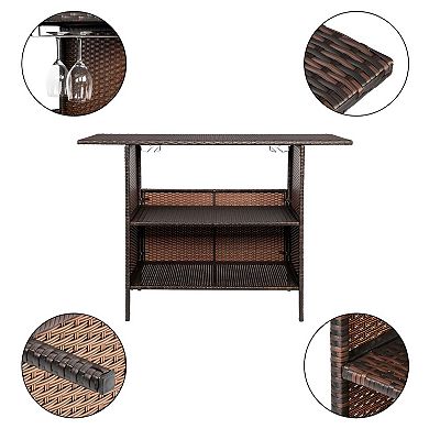 Rattan Bar Table with Metal Frame and Narrow Rectangular Top for Kitchen, Dining or Home Bar