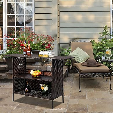 Rattan Bar Table with Metal Frame and Narrow Rectangular Top for Kitchen, Dining or Home Bar