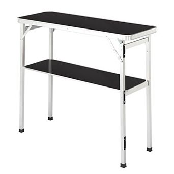 Portable Bar Height Folding Table with Shelf and Removable Skirt for Parties or Presentations