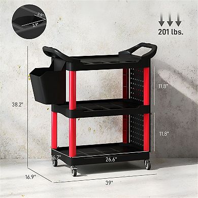 Rolling Tool Storage Cart with 3 Shelves, Hooks, Bucket and Locking Wheels for Garage