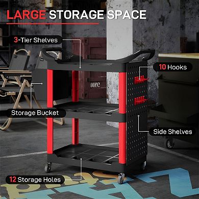 Rolling Tool Storage Cart with 3 Shelves, Hooks, Bucket and Locking Wheels for Garage