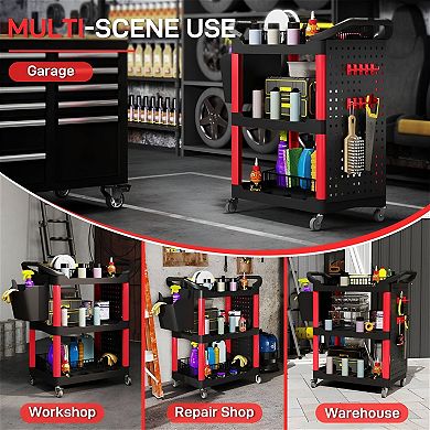 Rolling Tool Storage Cart with 3 Shelves, Hooks, Bucket and Locking Wheels for Garage