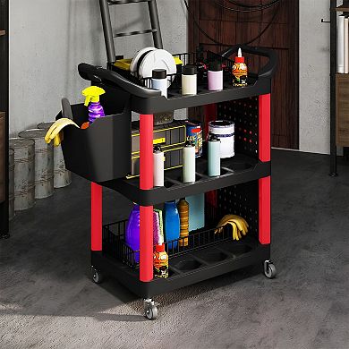 Rolling Tool Storage Cart with 3 Shelves, Hooks, Bucket and Locking Wheels for Garage