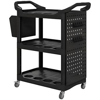 Rolling Tool Storage Cart with 3 Shelves, Hooks, Bucket and Locking Wheels for Garage