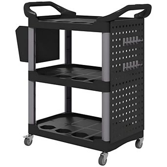 Rolling Tool Storage Cart with 3 Shelves, Hooks, Bucket and Locking Wheels for Garage