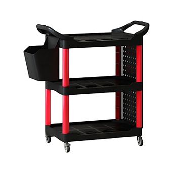 Rolling Tool Storage Cart with 3 Shelves, Hooks, Bucket and Locking Wheels for Garage