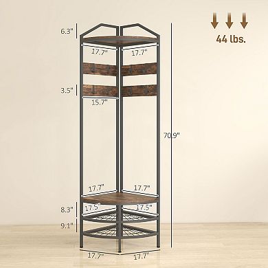 Corner Hall Tree Coat Rack with Shoe Storage Shelves and Steel Frame for Entryway Organization
