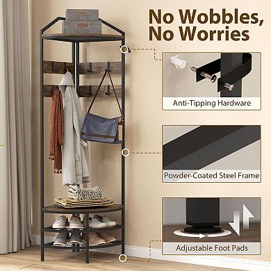 Corner Hall Tree Coat Rack with Shoe Storage Shelves and Steel Frame for Entryway Organization