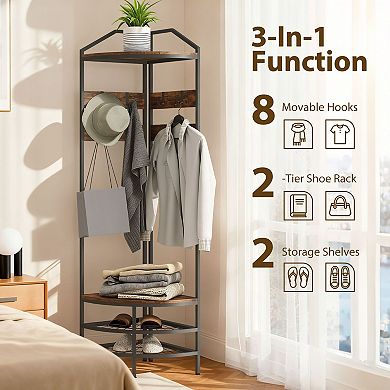 Corner Hall Tree Coat Rack with Shoe Storage Shelves and Steel Frame for Entryway Organization