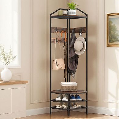 Corner Hall Tree Coat Rack with Shoe Storage Shelves and Steel Frame for Entryway Organization