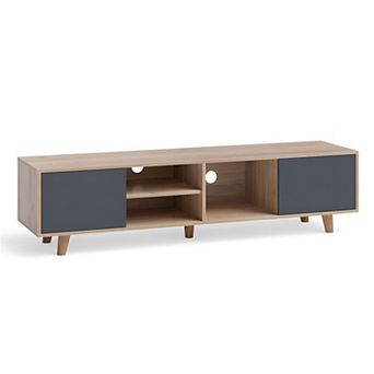 Modern TV Stand for TVs with Storage Cabinets, Open Shelves and Wood Legs, Media Console