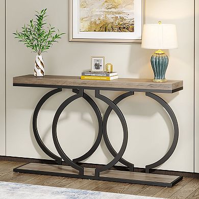 Rectangular Console Table with Marble Look Top and Metal Base for Entryway Display