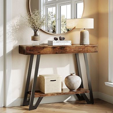 Industrial Console Table with Top and Metal Base, 2 Tier Entryway or Hallway Table