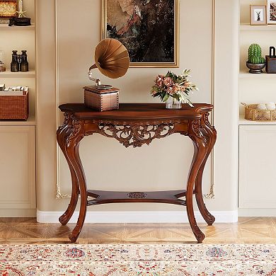 Semicircular Console Table with Shelf, Entryway or Hallway Table, Molded Carved Legs