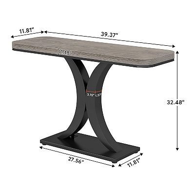 Narrow Console Table with Geometric Pedestal, Industrial Entryway, Hallway, or Sofa Table
