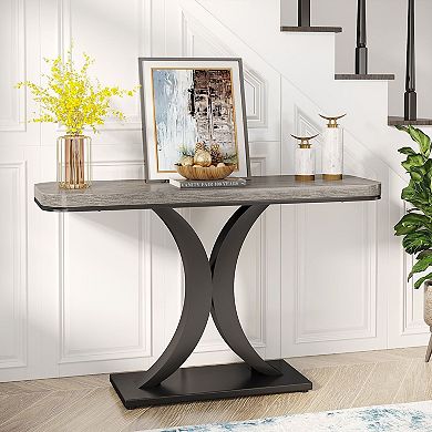 Narrow Console Table with Geometric Pedestal, Industrial Entryway, Hallway, or Sofa Table