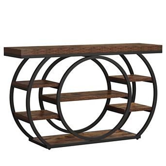 Industrial 5 tier Console Table, Wood Top for Entryway, Hallway, or Living Room