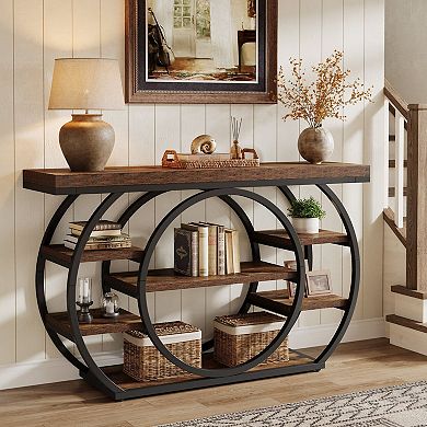 Industrial 5 Tier Console Table, Wood Top for Entryway, Hallway, or Living Room