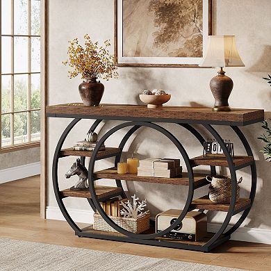 Industrial 5 Tier Console Table, Wood Top for Entryway, Hallway, or Living Room