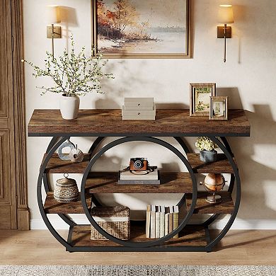 Industrial 5 Tier Console Table, Wood Top for Entryway, Hallway, or Living Room