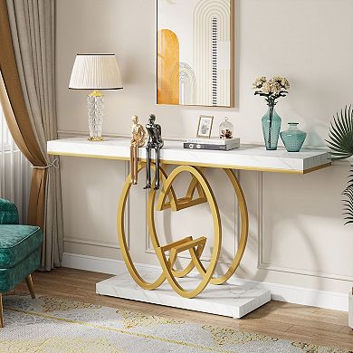 Entryway Console Table with Faux Marble Top and Geometric Base for Hallway or Living Room