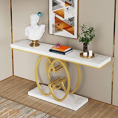 Entryway Console Table with Faux Marble Top and Geometric Base for Hallway or Living Room