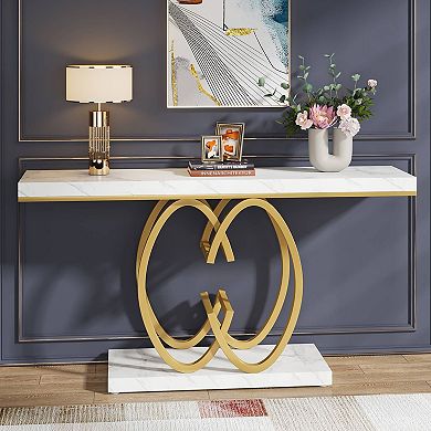 Entryway Console Table with Faux Marble Top and Geometric Base for Hallway or Living Room