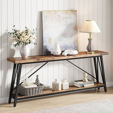 Long Slim Console Table, Two Tier Wood Look and Metal Table for Hallway
