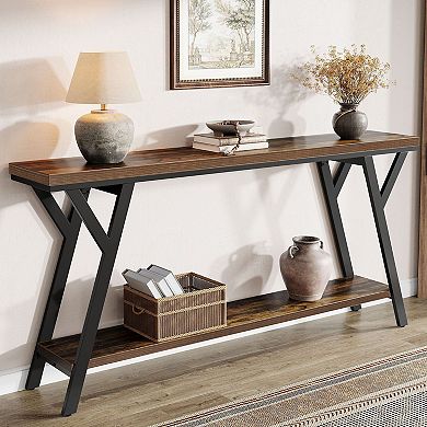 Slim Industrial Console Table, Two Tier Wood Grain Table for Entryway or Living Room