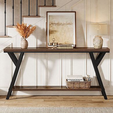 Slim Industrial Console Table, Two Tier Wood Grain Table for Entryway or Living Room