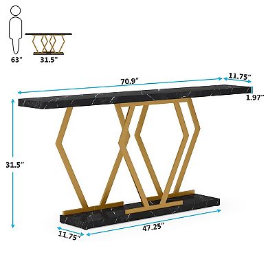 Faux Marble Console Table with Geometric Metal Frame, Narrow Modern Sofa Table