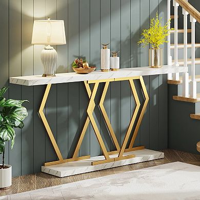 Faux Marble Console Table with Geometric Metal Frame, Narrow Modern Sofa Table
