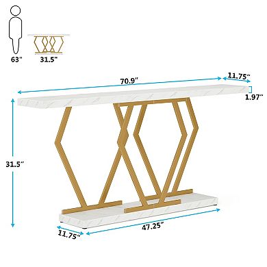 Faux Marble Console Table with Geometric Metal Frame, Narrow Modern Sofa Table