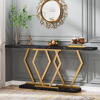 Faux Marble Console Table with Geometric Metal Frame, Narrow Modern Sofa Table