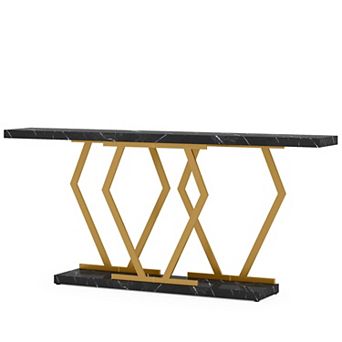 Faux Marble Console Table with Geometric Metal Frame, Narrow Modern Sofa Table