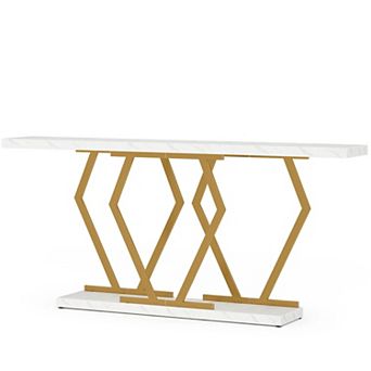 Faux Marble Console Table with Geometric Metal Frame, Narrow Modern Sofa Table