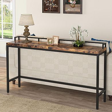 Narrow Console Table, Long Sofa Table with Wood Look Top and Metal Frame