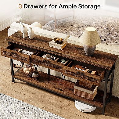 Industrial Sofa Table with Drawers, Slim Console Table for Hallway or Living Room